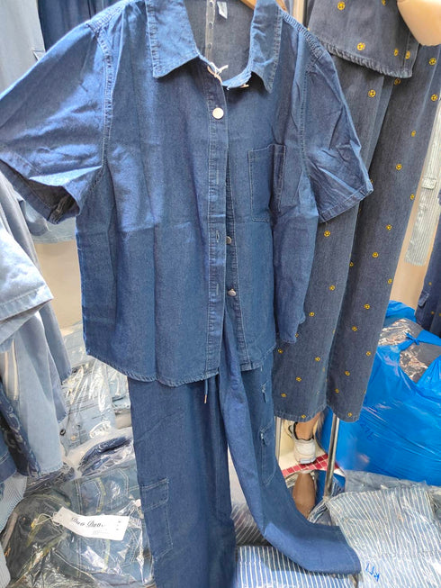 Plain Denim Collar Down Shirts With Multi Side Pockets Pants